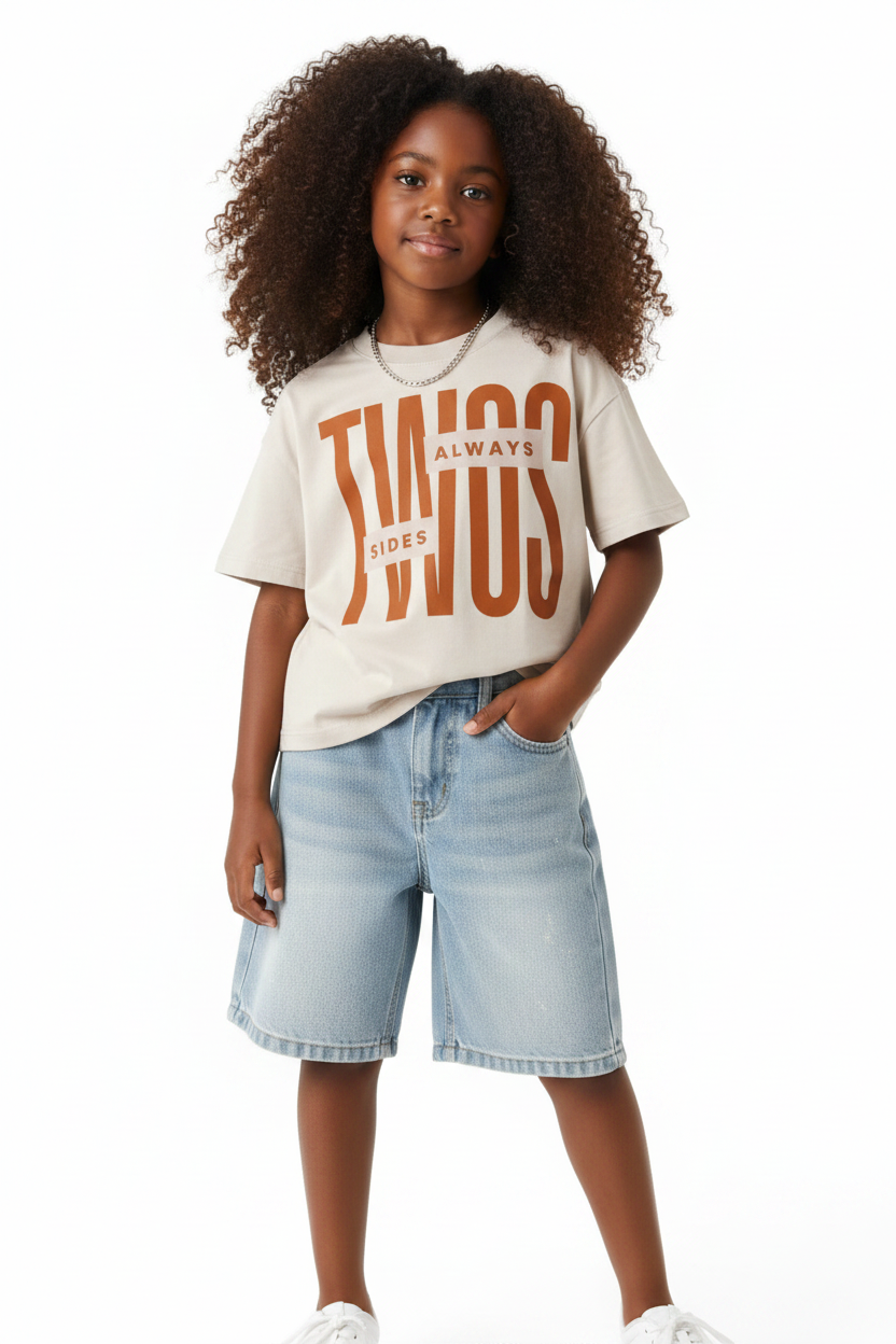 TWOS Oversized Tee x Denim Jorts - Curly Hair Model